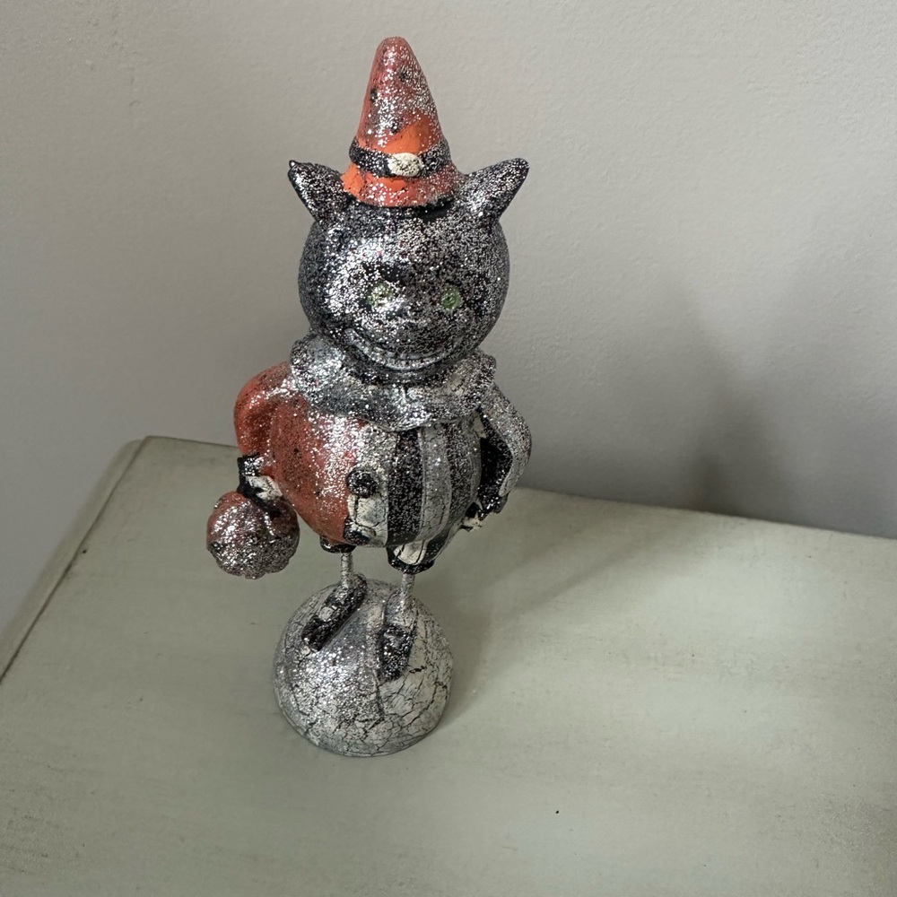 Halloween vintage look glitter cat with witch  hat  figurine